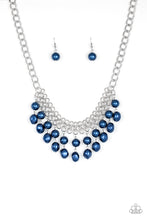 Load image into Gallery viewer, imperfect blue pearls dangle from a web of interlocking silver links below the collar