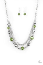 Load image into Gallery viewer, Layers of mismatched silver chains give way to a strand of ornate silver beads and oversized green pearls that cascade below the collar for a refined flair