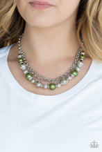 Load image into Gallery viewer, Layers of mismatched silver chains give way to a strand of ornate silver beads and oversized green pearls that cascade below the collar for a refined flair