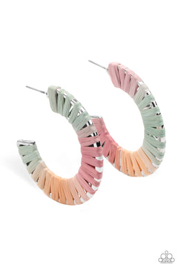 Multicolored wicker-like cording wraps around a thick silver hoop, creating a flirty pop of color.