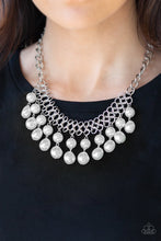 Load image into Gallery viewer, imperfect white pearls dangle from a web of interlocking silver links below the collar