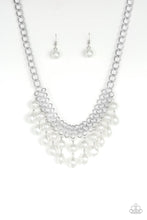 Load image into Gallery viewer, imperfect white pearls dangle from a web of interlocking silver links below the collar